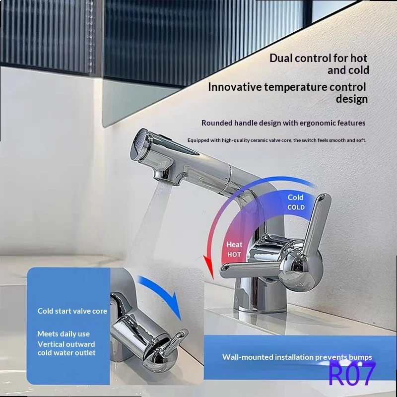Pull‑Out Splash‑Proof Sink Mixer Tap, Hot & Cold Water Spray Faucet for Home Kitchen & Bathroom Basin Use