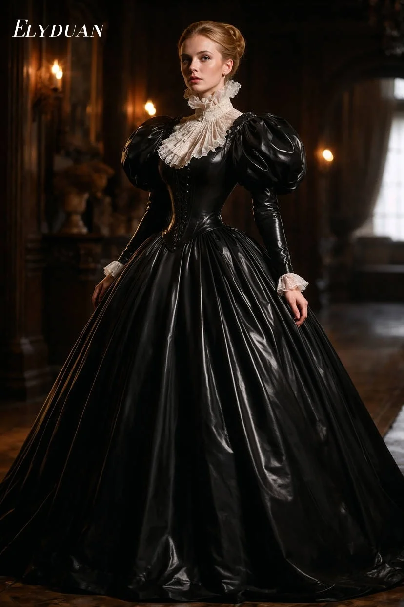 Retro Schwarzes PVC Viktorianisches Ballkleid Puffärmel Spitze Hochkragen Gotisches Elisabethanisches Formelles Kleid Cosplay Kostüm Maßgeschneidert
