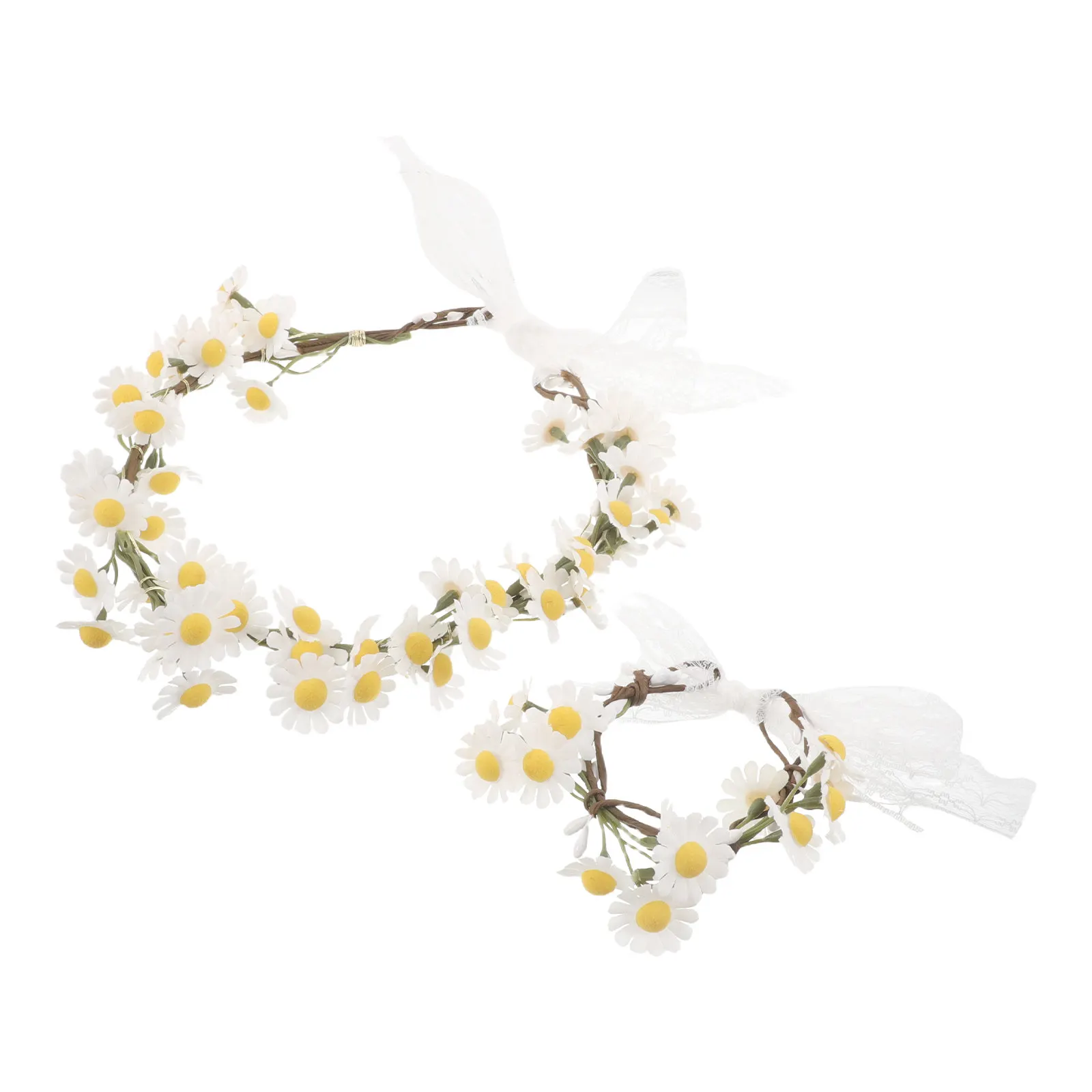 

1Set Daisy Floral Wreath Hair Crown Wristband Natural Elegant Design for Wedding Party Festival Photo Props Artificial Fabric