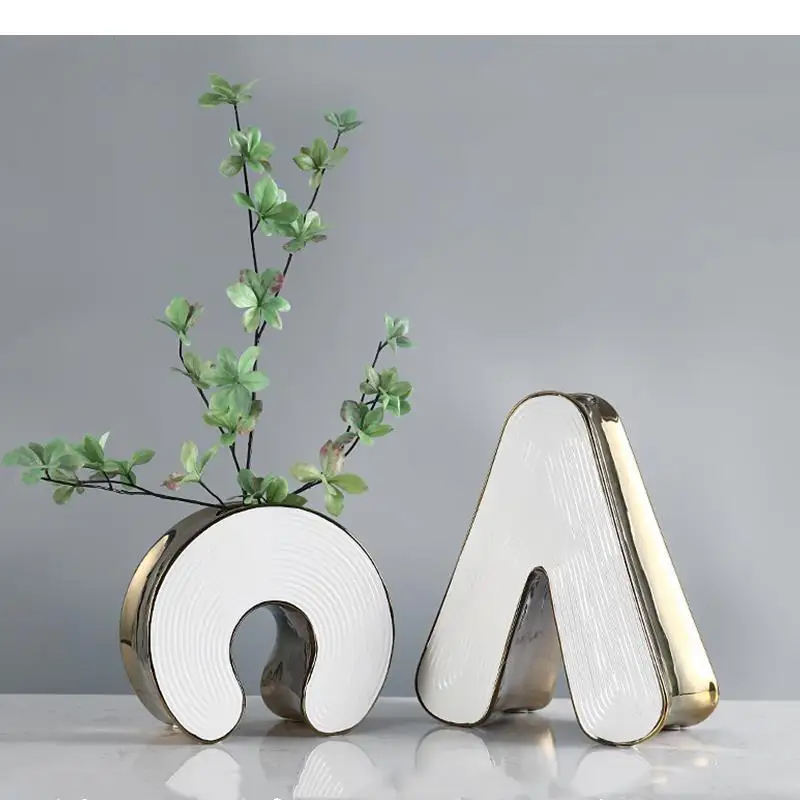 

Ceramic Vase Letter Geometry Abstract Golden Handicraft Ornaments Flower Arrangement Modern Home Decoration Vases