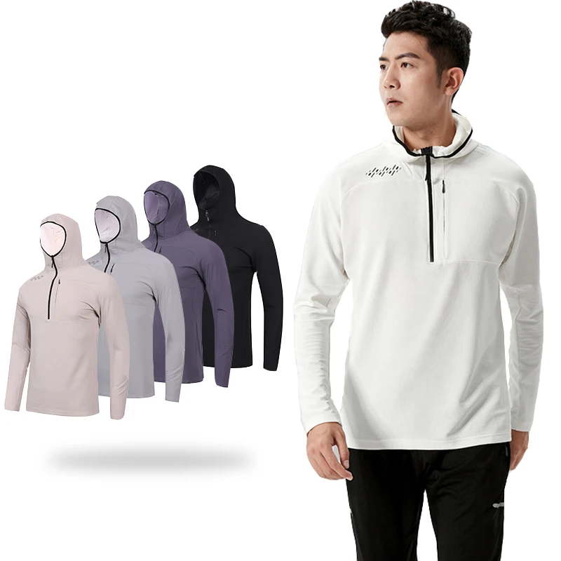 

(M-3XL)Men Long Sleeve Running Jacket Breathable Quick Dry Stand Collar Half Zip Leisure Knitted Hooded Sports Shirt