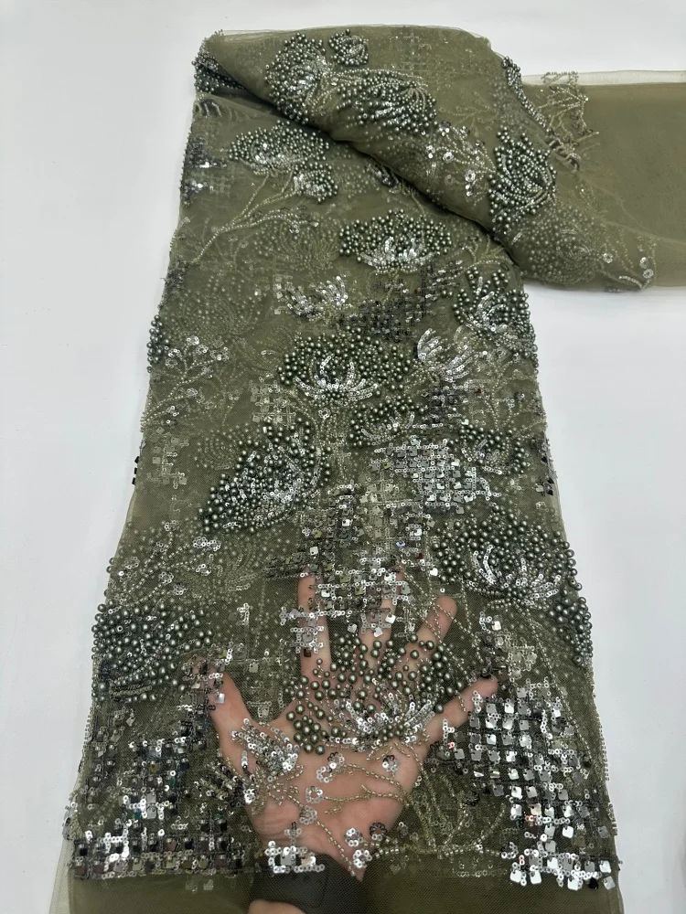 

African Groom Embroidered Sequin Lace Fabric Luxury Navy French Beaded Lace Fabric for Bridal Wedding Party Dress Sewing