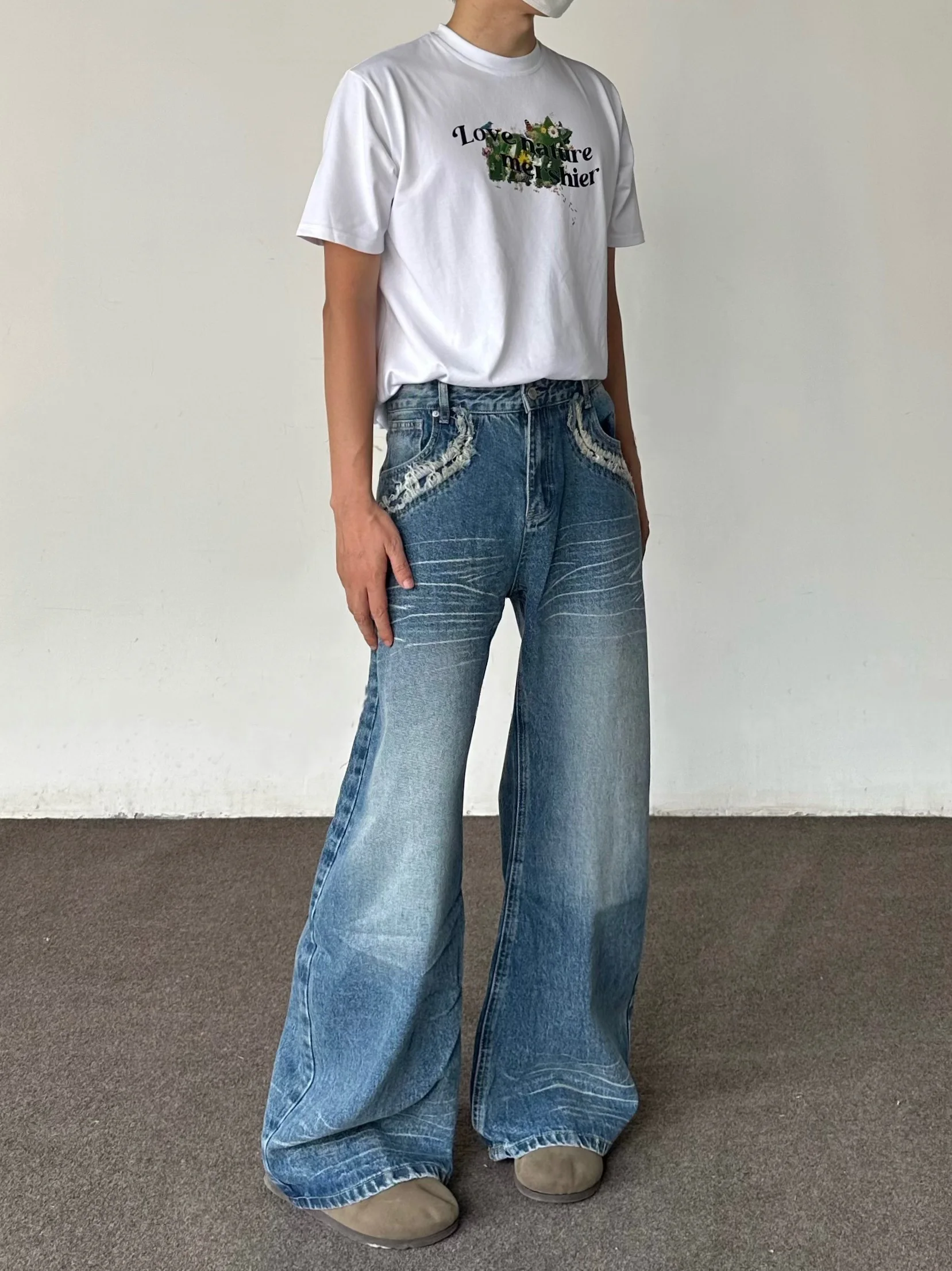

American Style Loose Straight Leg Jeans Mysterious Design Sense CleanFit Long Pants Casual Wear for Young Men Daily Use