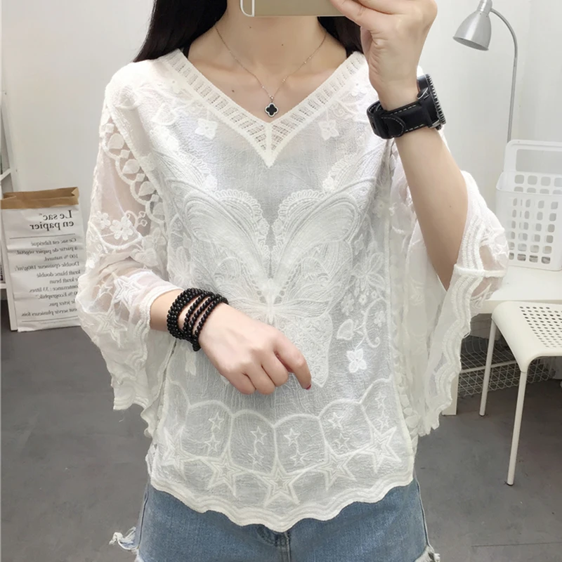 New Spring Summer Embroidery Lace Blouse Flare Sleeve Hollow Out Women Shirt O-Collar Casual Female Tops Ladies Clothing 25897