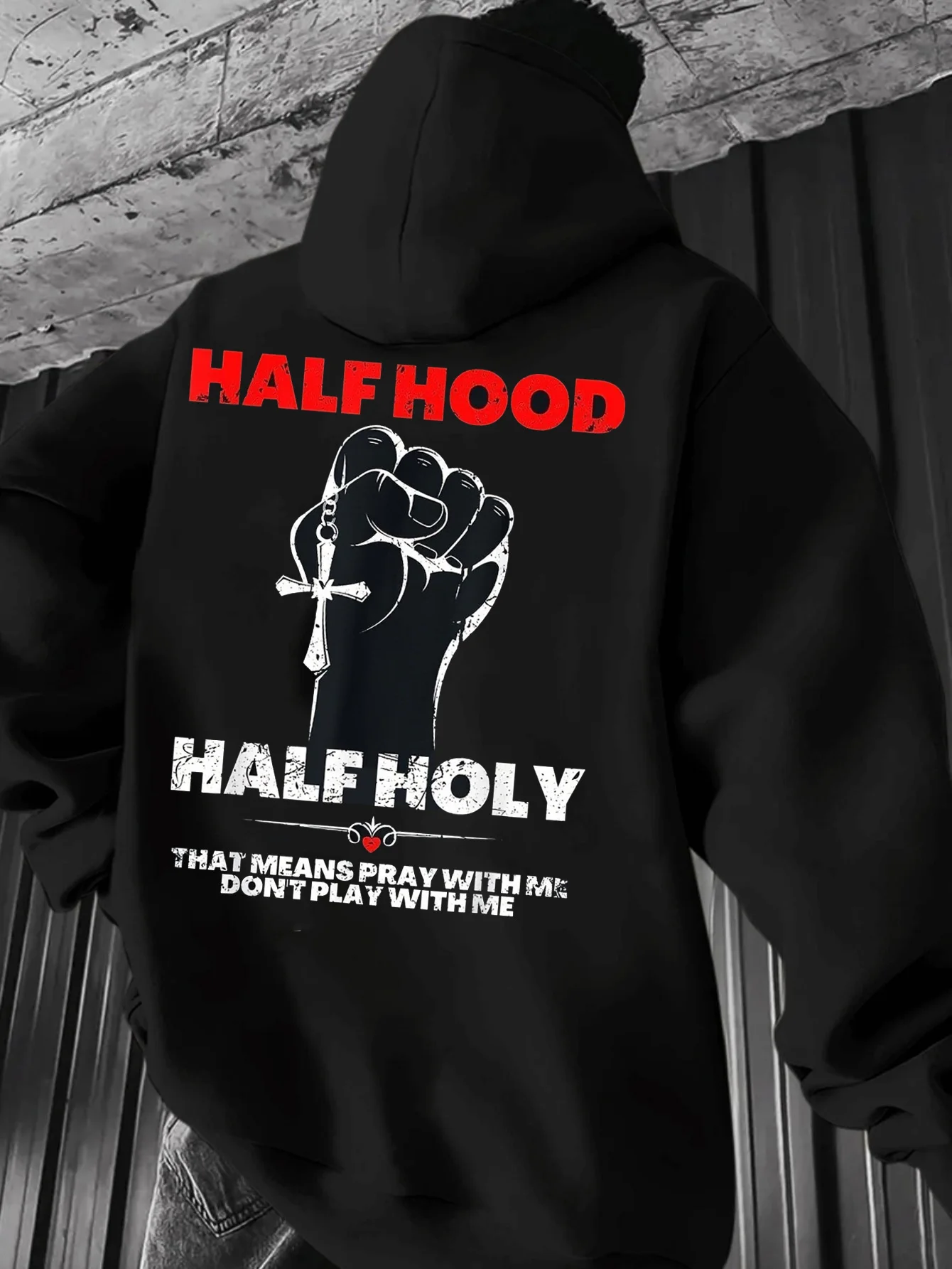 Men's Vintage Oversized Black Hoodie with a Half-Hood Design, Featuring Red and White Saint Motifs and Distressed Lettering.   This Soft Hooded Sweatshirt Is Perfect for Casual Sports, Outdoor Travel, and Gym Use, and Is Machine Washable.