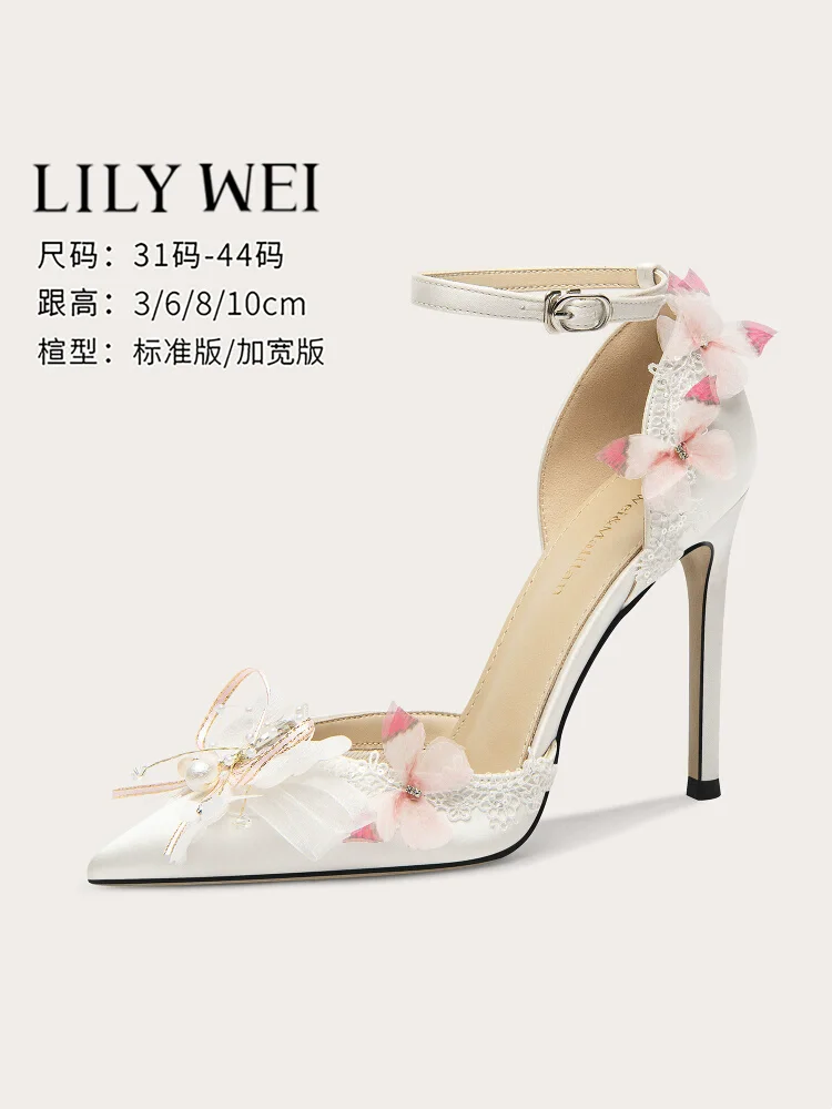 

Summer new silk rhinestone pearl butterfly low-heeled wedding shoes high-heeled banquet dress large size small size women sandal