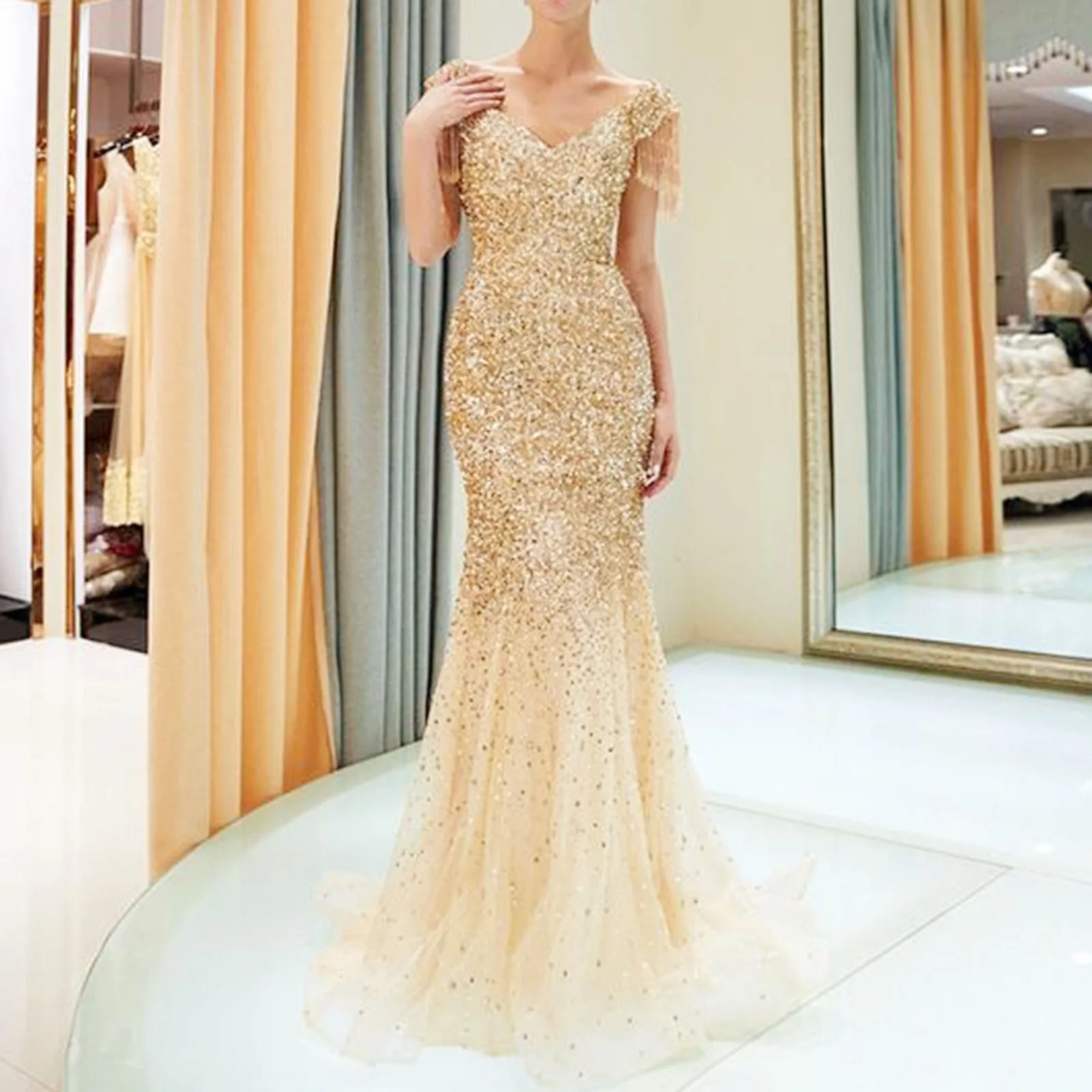 

2024 Europe And The United States New Women'S Slim-Fit Fishtail Skirt Sexy Sleeved V-Neck Dress Sprinkling Gold Long Dress