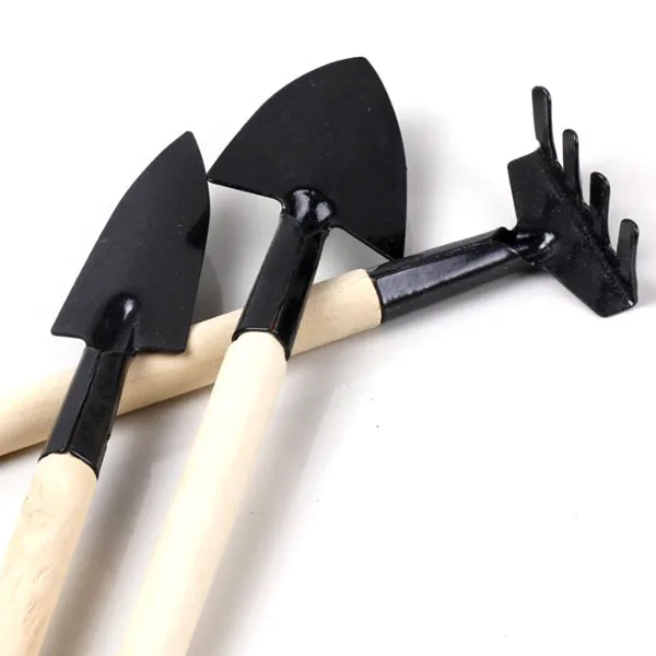 

3Pcs Mini Gardening Tools Set Compact Black Metal Head Wooden Handle Includes Shovel Rake Spade Suitable for Kids Planting
