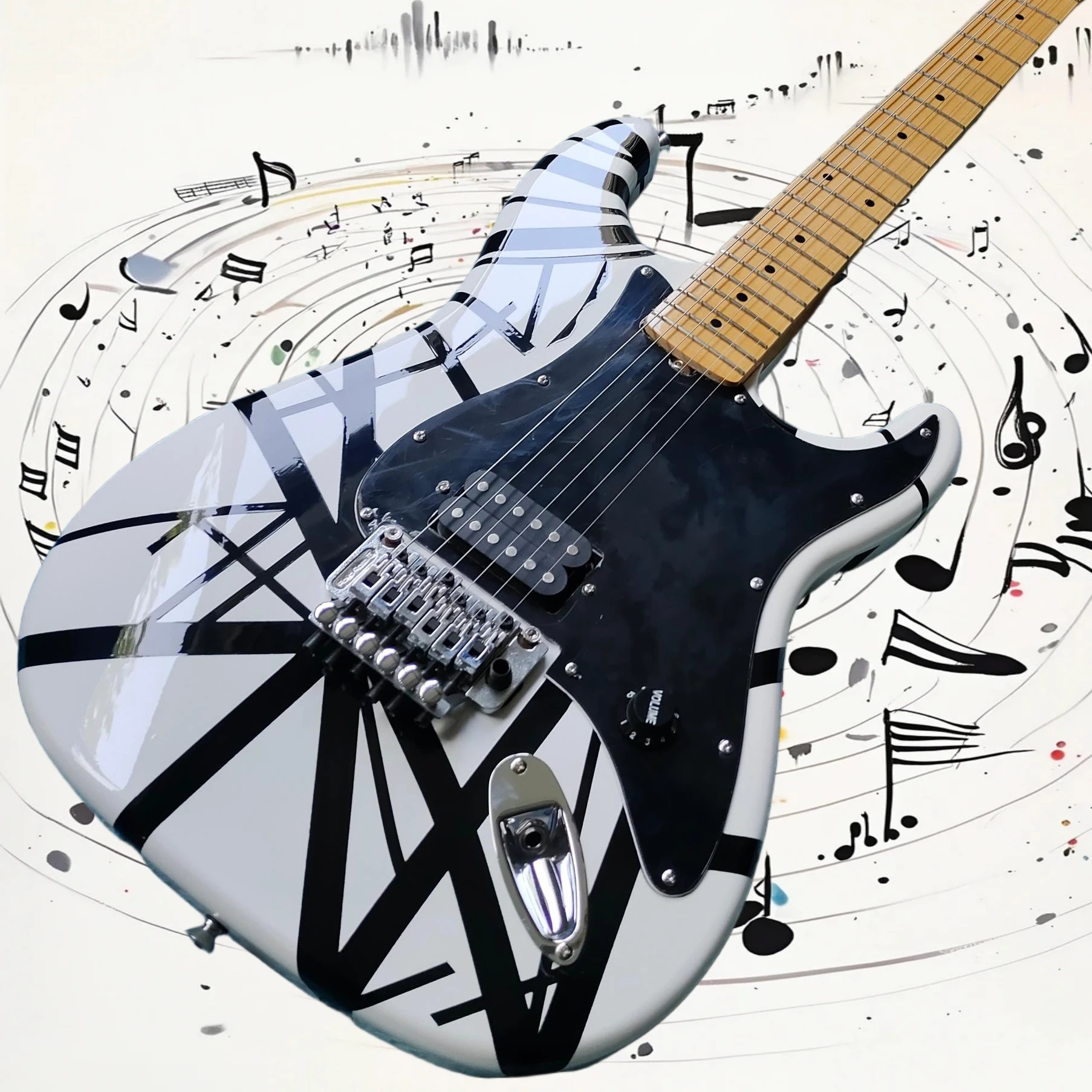 Free Shipping ST Electric Guitar Black White Stripe 6 String H  EQ  Maple Neck Smooth Fretboard Beginner Gift