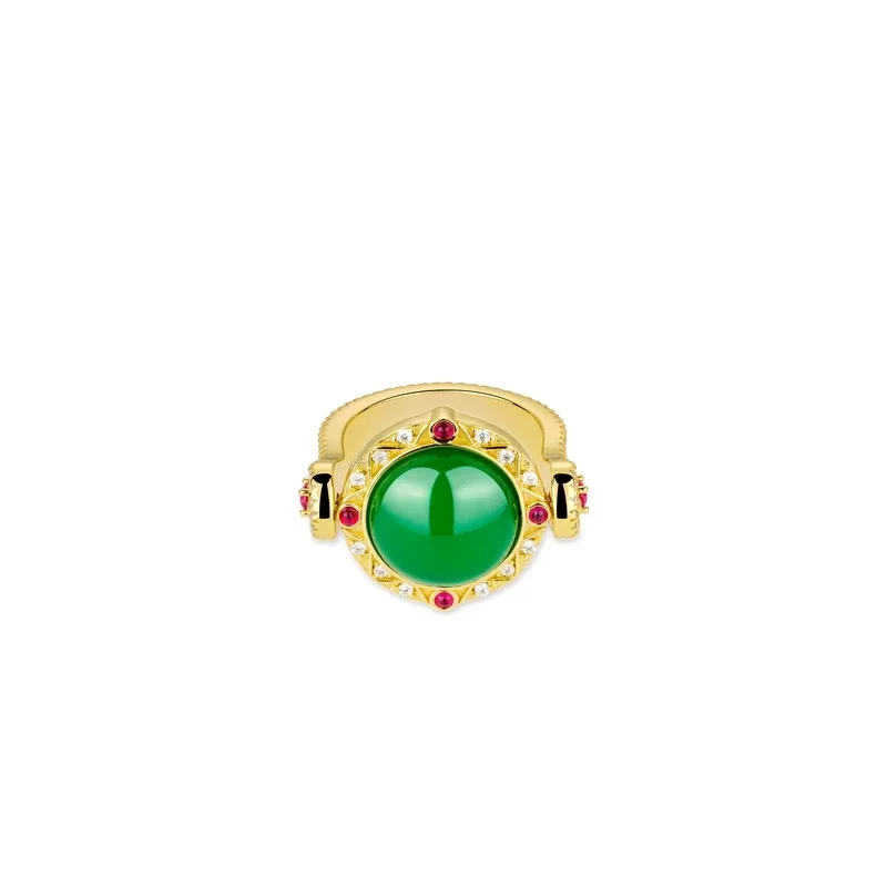 BELLUX 925 Silver Synthetic Zircon Green Chalcedony Round Gold Arm Engraving Ruby Vintage Ring
