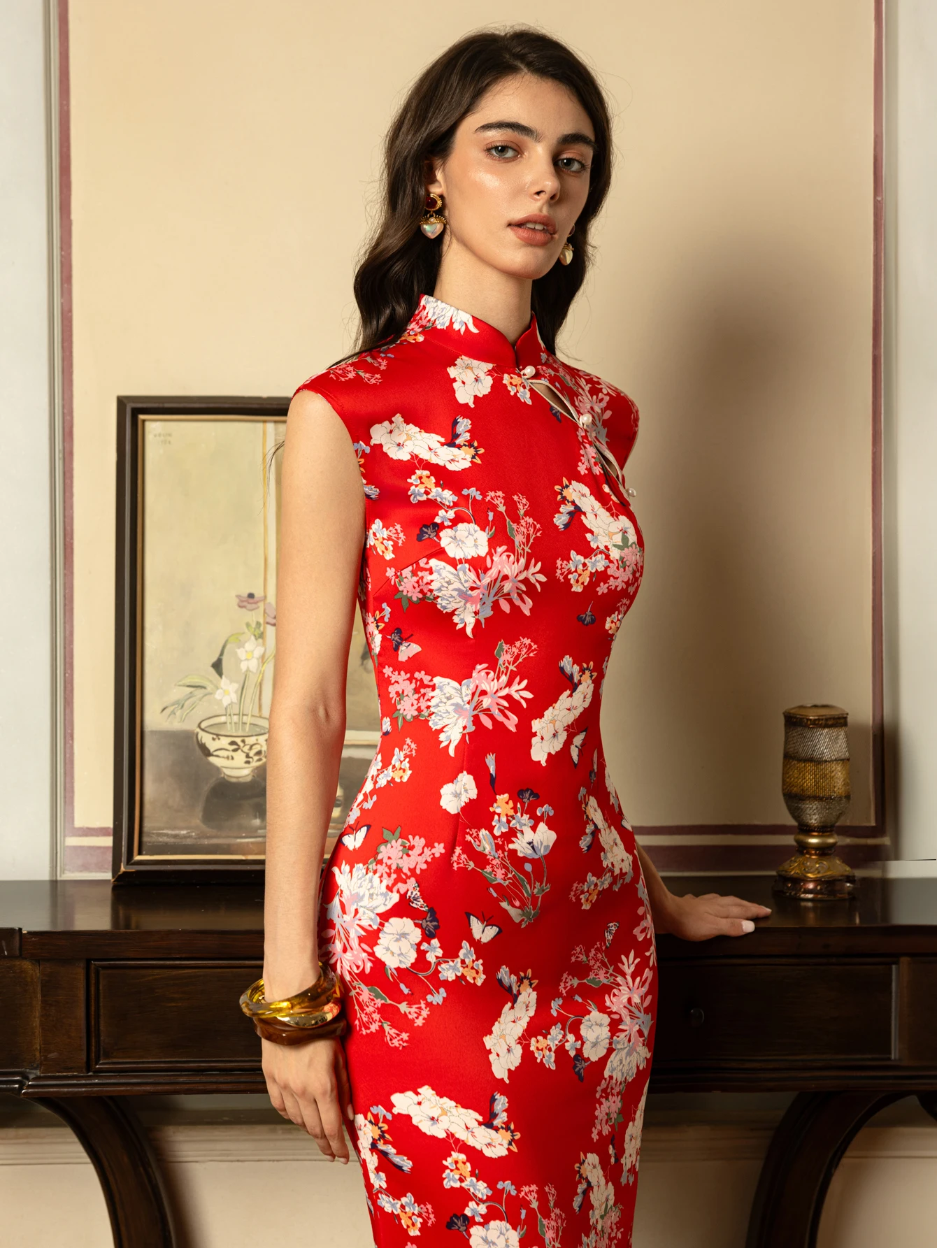 

Retro Chinese Sle Long Svel Satin Qipao Dr Floral Print for Women Par Wear Slimming Split Skirt Red New Year
