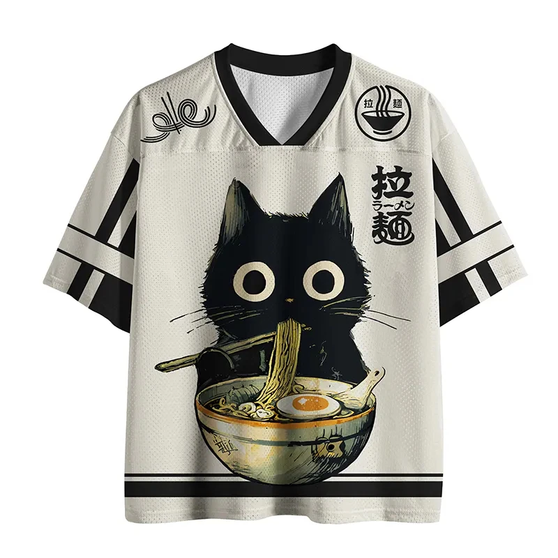 2026 Cute Black Cat Eating Ramen 3D Print Jersey Men Women Summer Sports T-shirt Breathable Quick Drying Streetwear Clothing