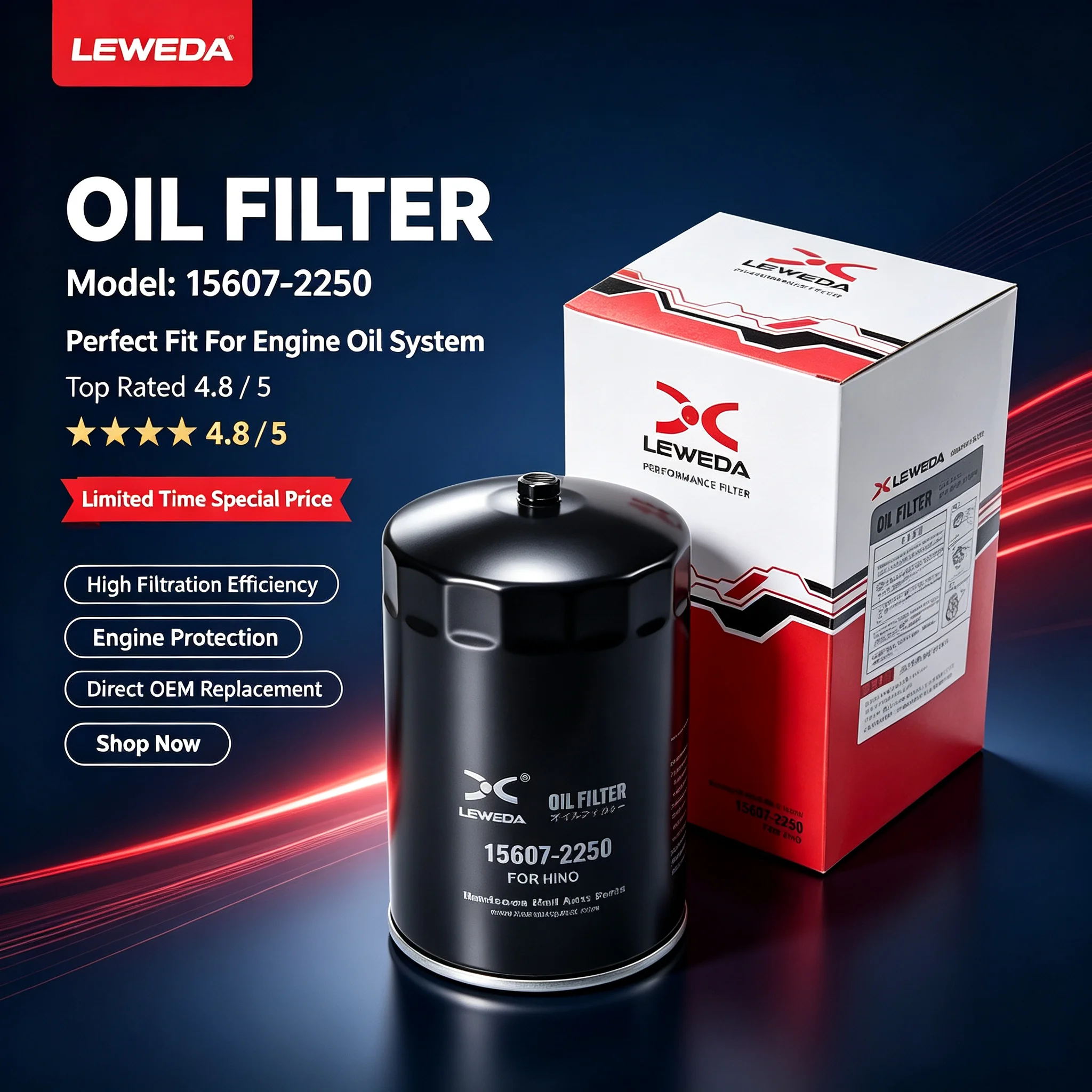 Leweda Spin On Oil Filter 15607-2250 for HINO Dutro 300 Bus Toyota Camry 0RAV4 Lexus ES350 Replaces 15607-2320 15613-78010