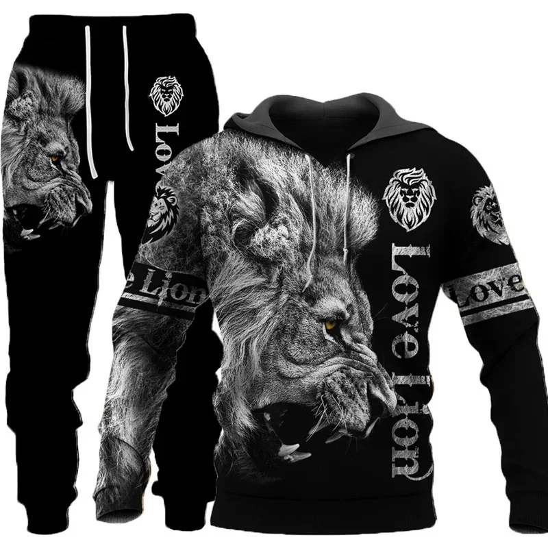 Fashion Wolf Printed Hoodie Pants Suit Street Hip Hop Clothing Male Sweatpants Autumn Winter Casual Sweatshirt Men Tracksuit Set