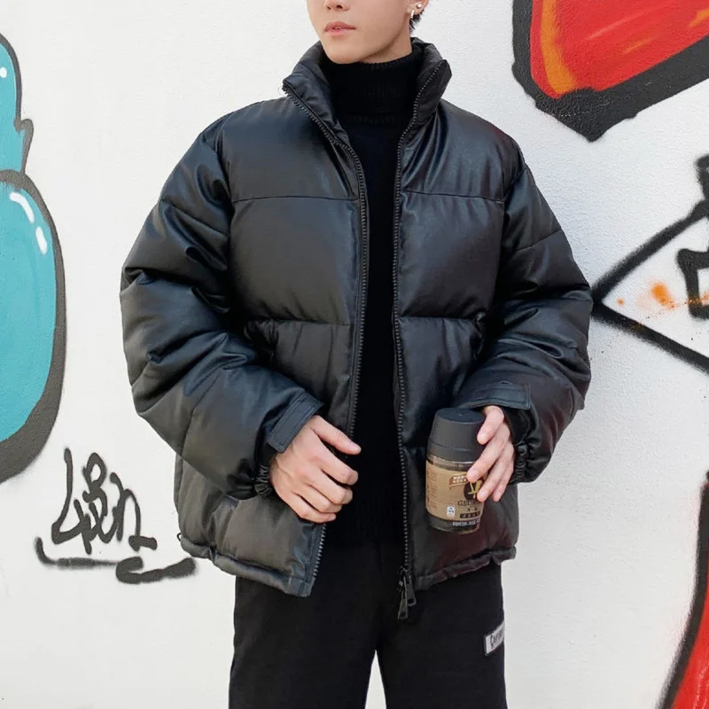 Winter Thicken Warm Windproof Faux Leather Mens Black Parkas Harajuku Fashion Oversized Cotton Padded Jackets Puffer Outerwear