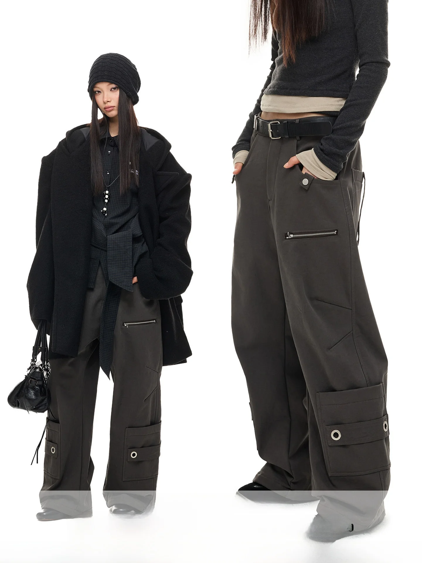 

JIKOO Retro Silk Cotton Workwear Design Heavyweight Pleated Fleece Wide Leg Pants Original Style Simple Pure Color Straight Leg
