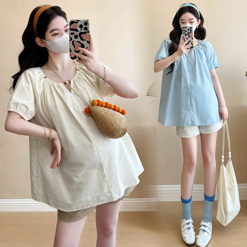 Maternity Set 2026 Summer New Sweet Cute Breathable Comfortable Short Sleeve Doll Shirt And Shorts Two Piece Set For Pregnancy - view 2
