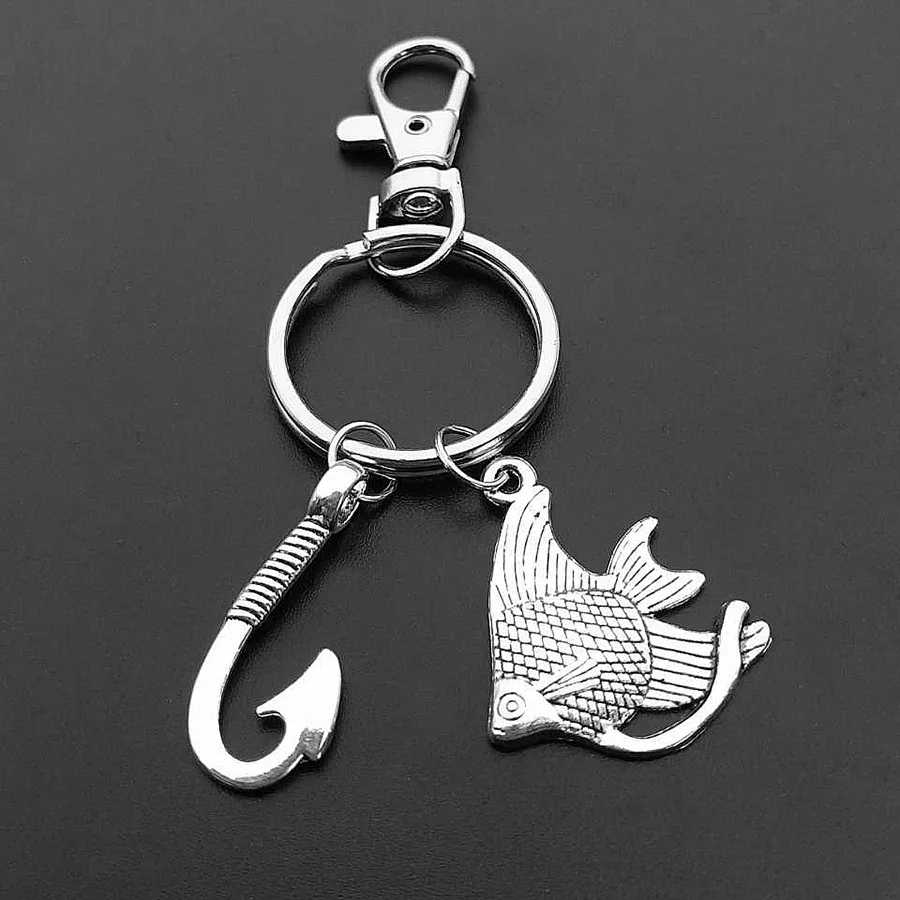 Fashion Fish and Hook Key Chain Keychain Jewelry Silver Color Fisherman I Love Fishing Fish Pendant Key Holder