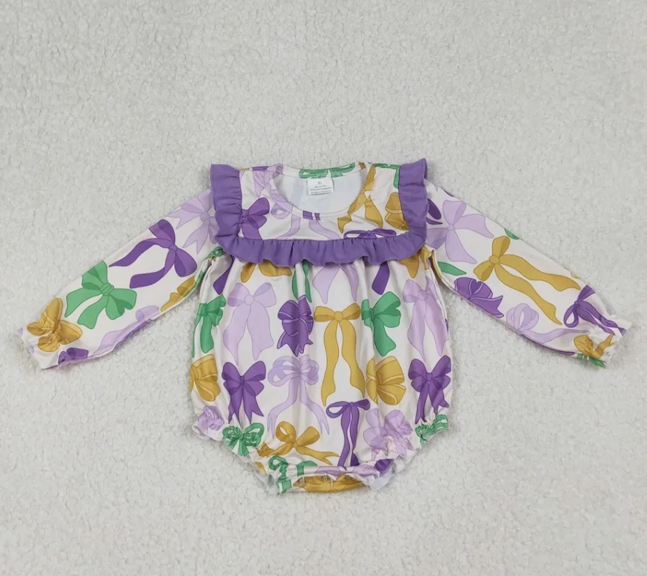 

Newborn baby romper Mardi Gras Bows Clothes Infant Girl Children Purple Ruffle Bubble Romper