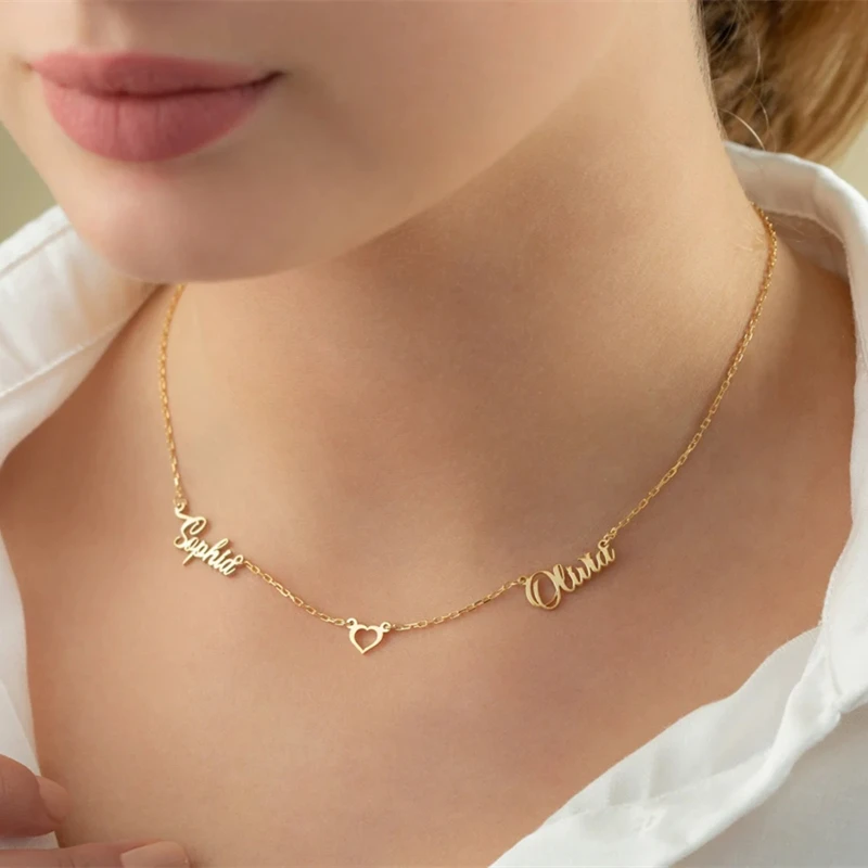 Collar de corazón personalizado con doble nombre para mujer y niña, joyería romántica de acero inoxidable, colgante con cualquier logotipo de