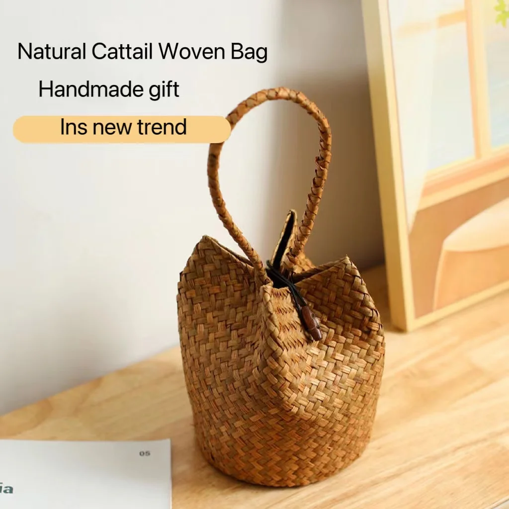 Natural Handmade Cute Round Straw Woven Bag Wedding Decoration Bridal Shower Guest Sugar Packaging Box Festival Party Gift Bags