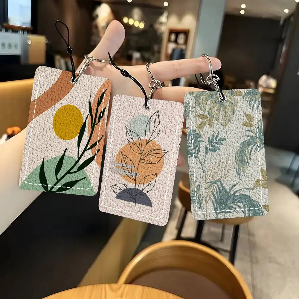 Bohemian Green Leaves Card Case Keychain Access Card Bag Key Tag Ring Leather Card Holder Key Ring Access