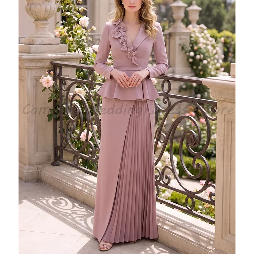 Formal Dress V Neck 3D Flower Long Sleeve Peplum Blouse Pleated Maxi Skirt Mother Of Bride Evening Party Gown