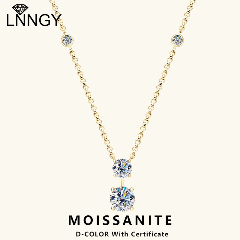 

Lnngy Exquisite Two Stone Moissanite Pendant Necklace Real Silver Chain 925 Sparkling Women Necklaces For Wedding Jewelry Gift