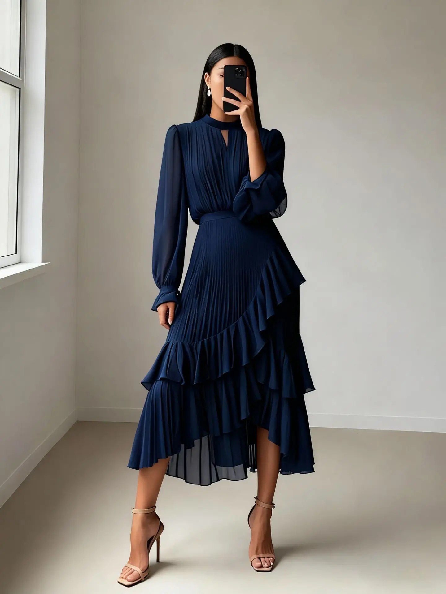 LGRQ 2026 Summer New Solid Color High Waist Dress With Ruffled Hem And Pleats Mid-Length Party Evening Gown
