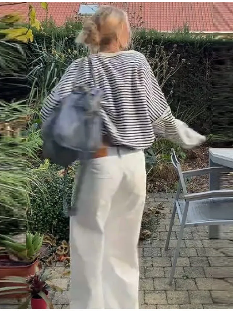Trendy Contrast Striped Waistband Button Closure Straight Wide Leg Pants Women Casual Long Trousers Chic Daily Street Outfit