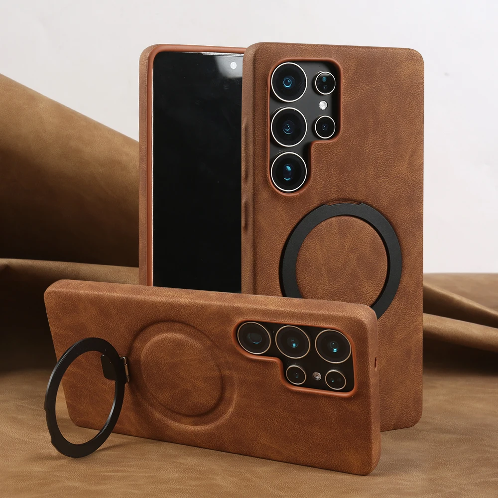 

Luxury Leather Bracket Holder Phone Case for Samsung Galaxy S26 Plus S25 S24 S23 S22 S21 S20 FE Note 20 Ultra Magnetic Cover