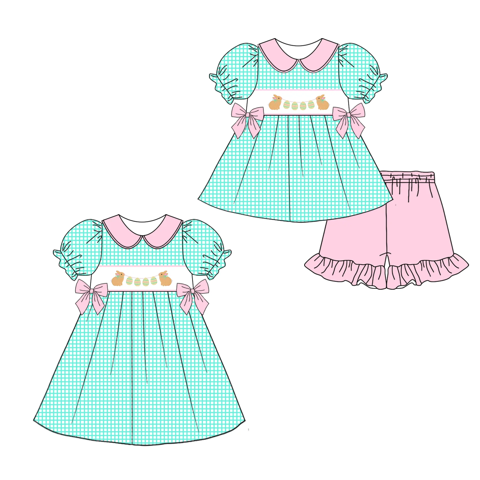 Easter boutique children's suit lapel rabbit egg print plaid shorts lace girl suit baby dress bow