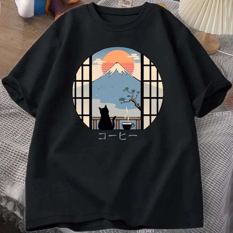 

Fuji Mountain Cat Cafe T-shirt Women's Round Neck Short Sleeve T-shirt Japanese Style Printed T-shirt Loose Top Graphic T Shirts