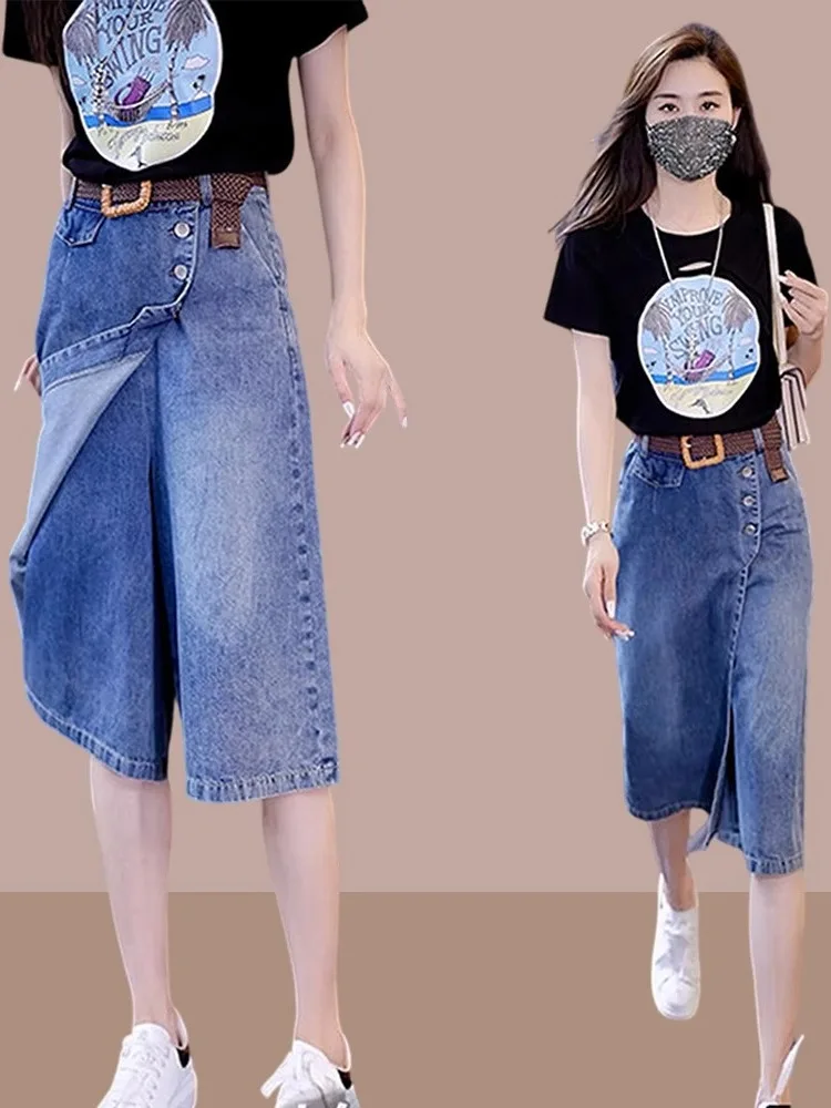 plus Size Casual Faionable Set Women's Summer 2025 High Waist Midi Skirt And T-irt Denim Skirt Casual Versatile Women's Wear