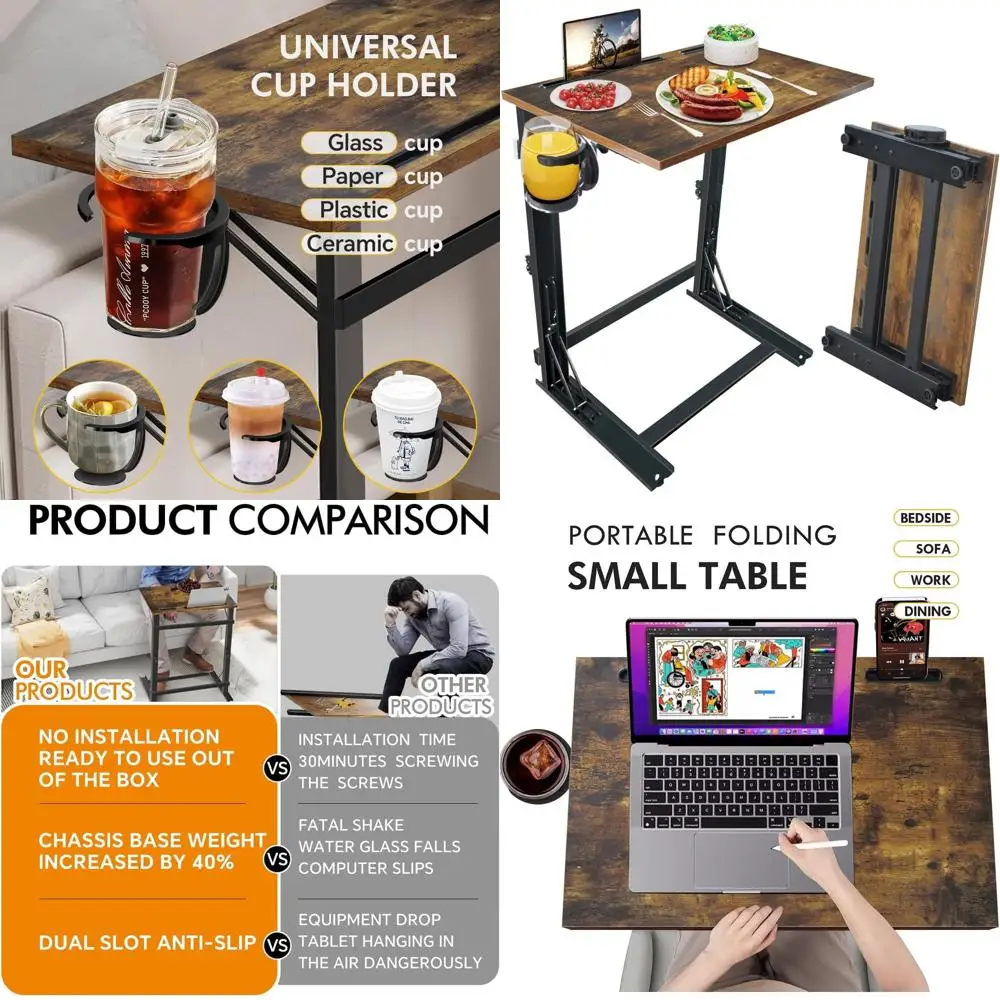 

Sturdy C-Shaped TV Tray Table, Rustic Brown, Heavy Duty Couch Side Desk with Cup Holder, No Assembly Required