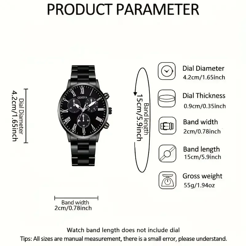 3Pcs Men's Geneva Wristwatch Set Large Dial Black Metal Band Casual Male Quartz Watch