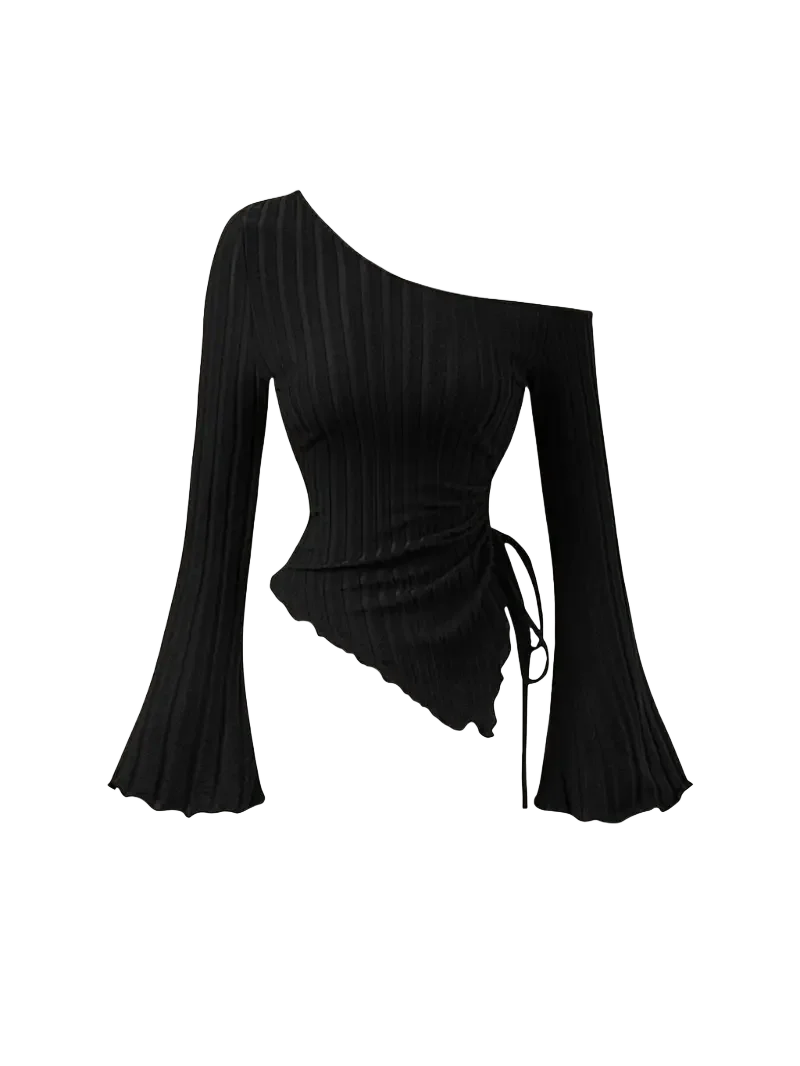 Women's asymmetrical single-shoulder drawstring design, featuring a solid-color elastic trumpet sleeve, for a casual look.