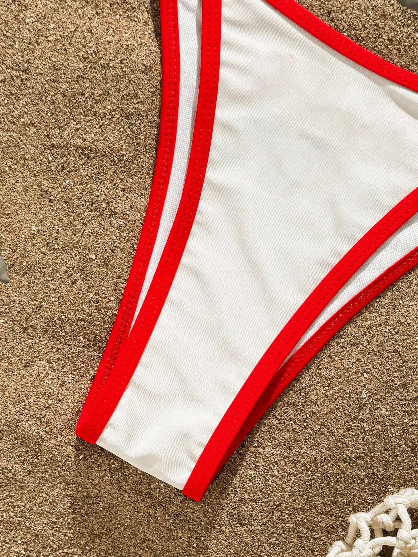 

Womens White Red Trim Triangle Bikini Set With Mesh Lining
