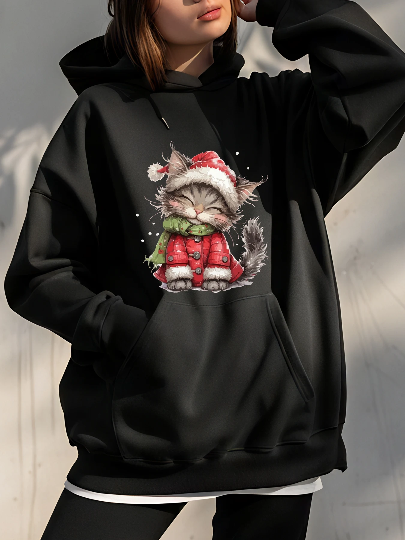 

Рождественская толстовка с котом, женская зимняя толстовка с милым животным принтом, повседневная уличная одежда, модная одежда для девочек и женщин