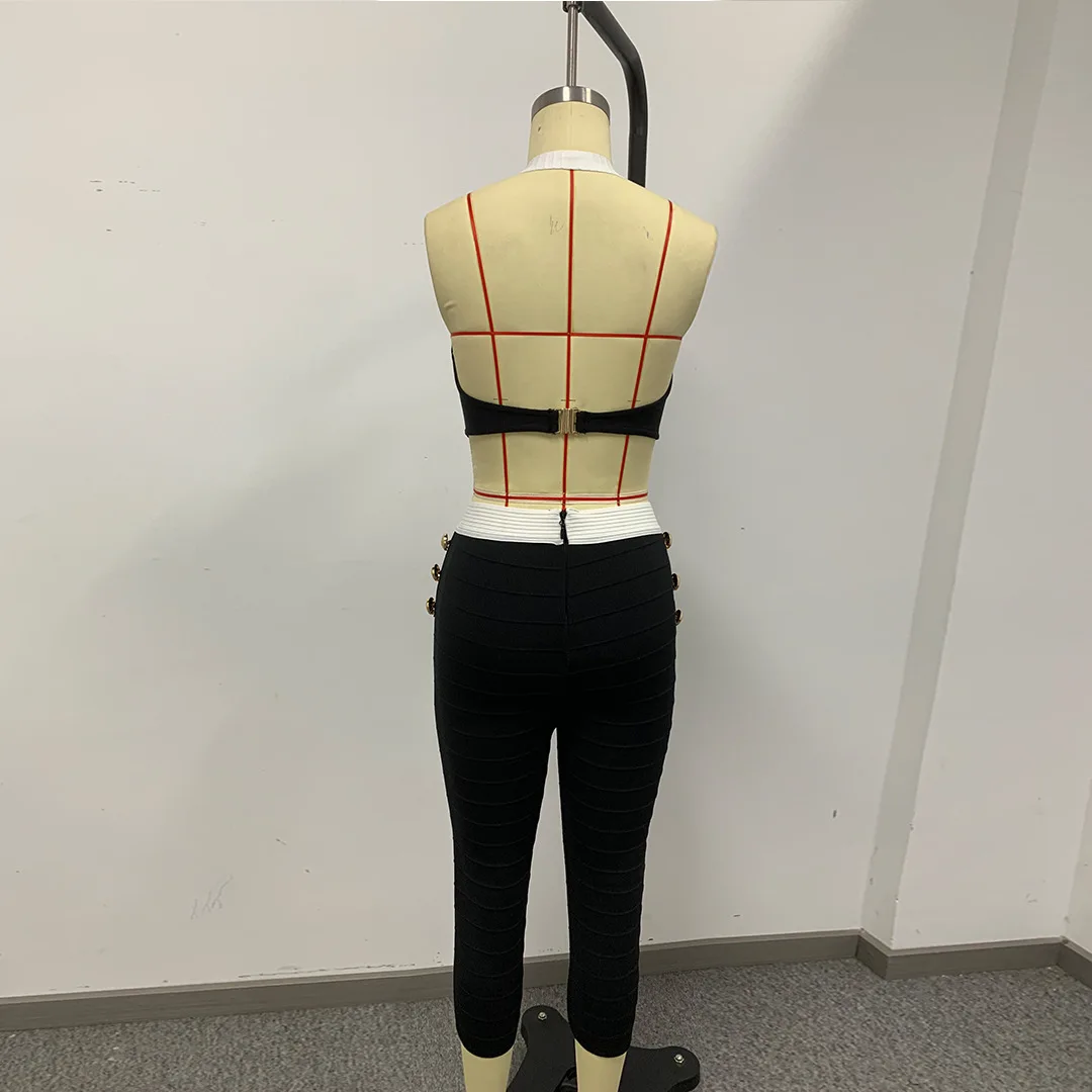 Elegant Black White Sleeveless Halter Backless Vest + Bandage Capri Pants Suits For Ladies Urban Street Casual Night Out Outfit view 6