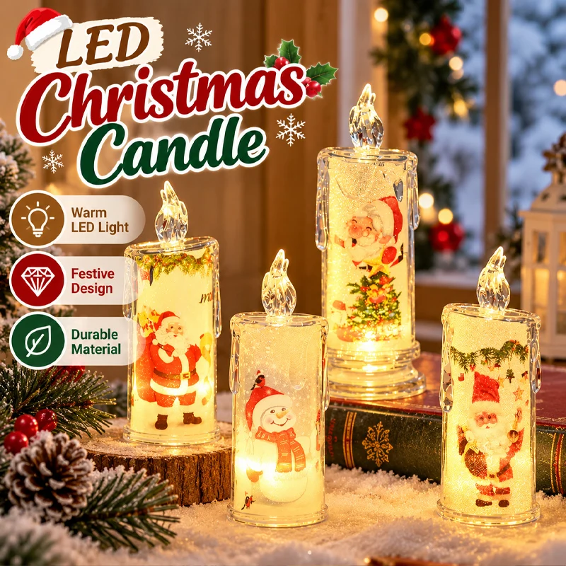 LED Christmas Candle Lights with Holiday Patterns Battery Powered Safe Flameless Decorative Candles for Festive Home Decor Party