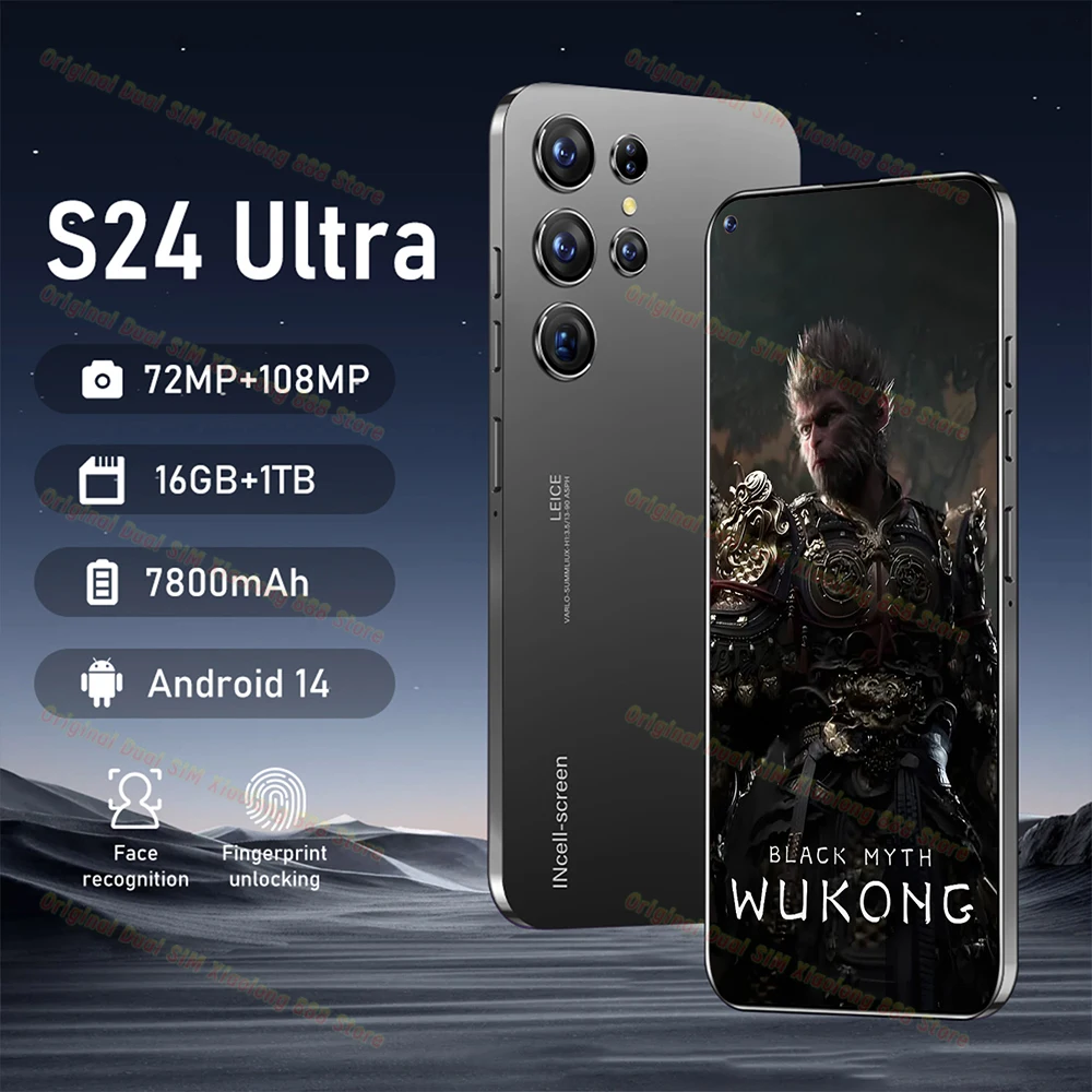 

S24 Ultra New Smartphone 7.0 Inch Android 13 16GB+1TB 7000mAh 48MP+72MP Global Version 5G Fingerprint unlocking Dual SIM Phone