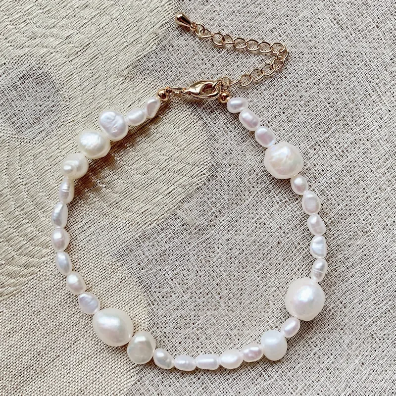 4-10MM Rice Irregular Nuggets Stone White Baroque Pearl Bracelets for Women Briidal Wrist Natural Freshwater Pearl Bracelets