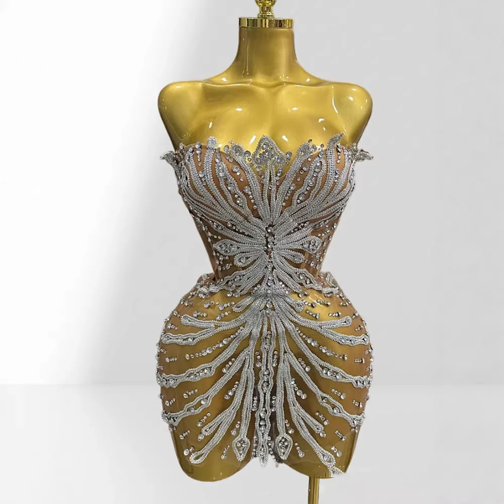 

Women Shining Sequins Mini Dress Sexy Strapless Rhinestones Corset Mesh See Through Bodycon Dress Party Celebrate Stage Wear