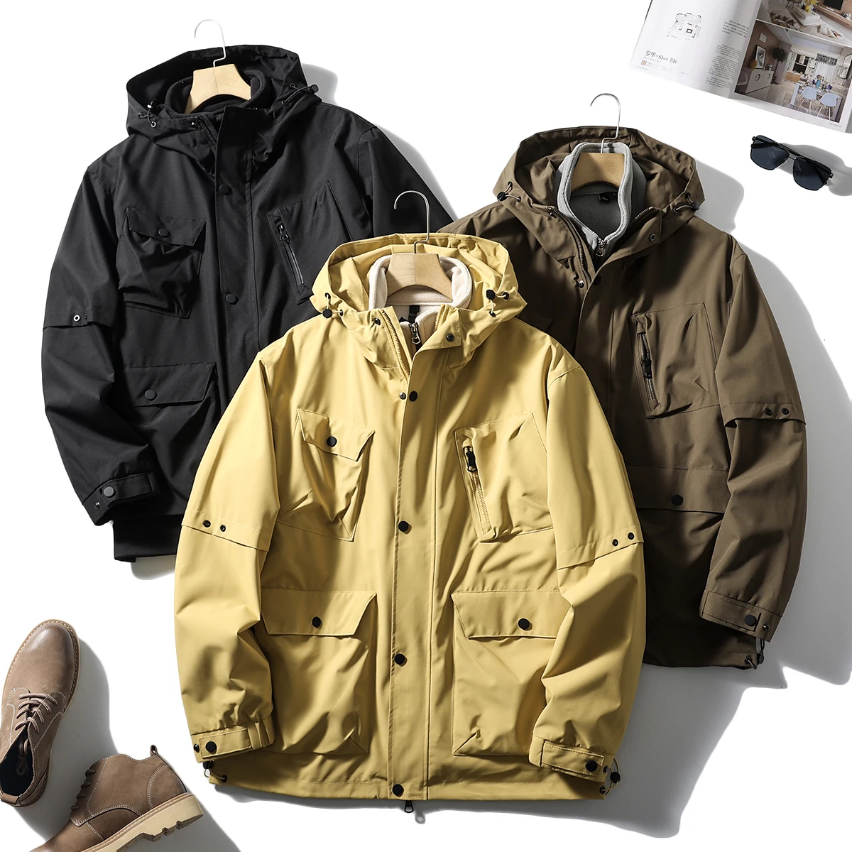 

Мужская зимняя куртка 3-в-1 для активного отдыха с капюшоном, на флисовой подкладке, ветрозащитная, водоотталкивающая, со съемной внутренней курткой, повседневная