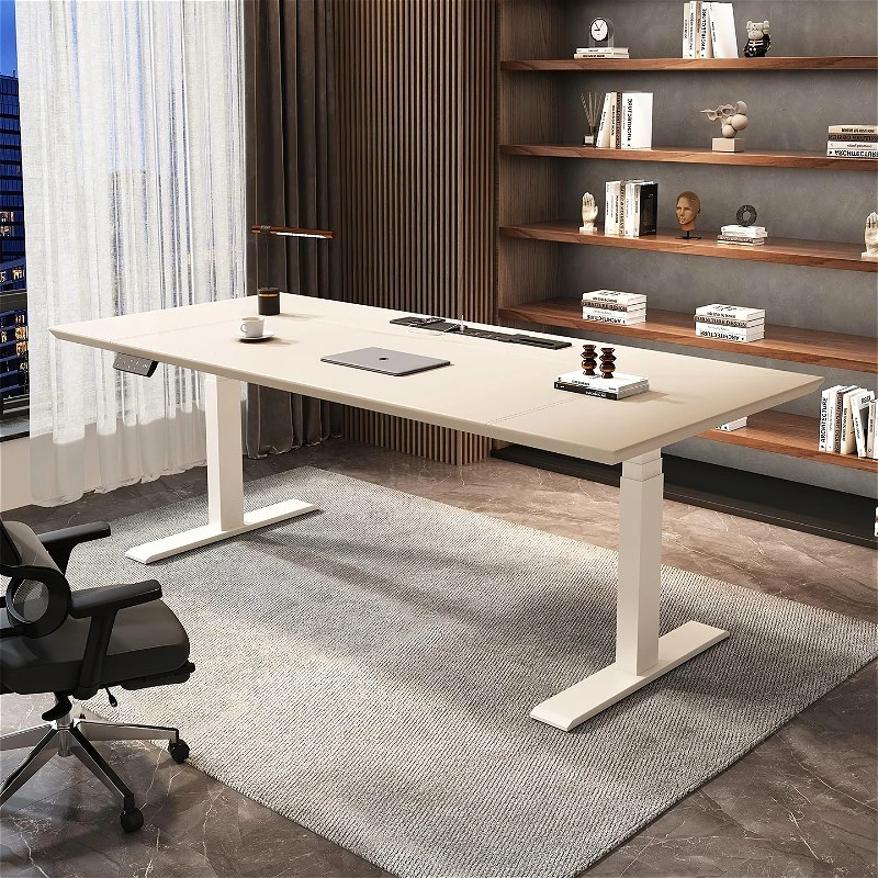 

Nordic Creative Khaki Saddle Leather Lifting Desks Modern Designer Automatic Lifting Office Computer Desks Office Furniture FYCD