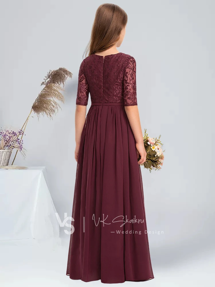 A-line Scoop Floor-Length Chiffon Lace Junior Bridesmaid Dress Princess Cabernet Little Girl Flower Girl Dress for Wedding Party