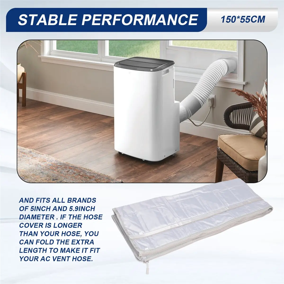 Housse de protection pour tuyau de climatiseur portable, manchon isolant à fermeture éclair pour tuyau d'évacuation de 5 et 5,9