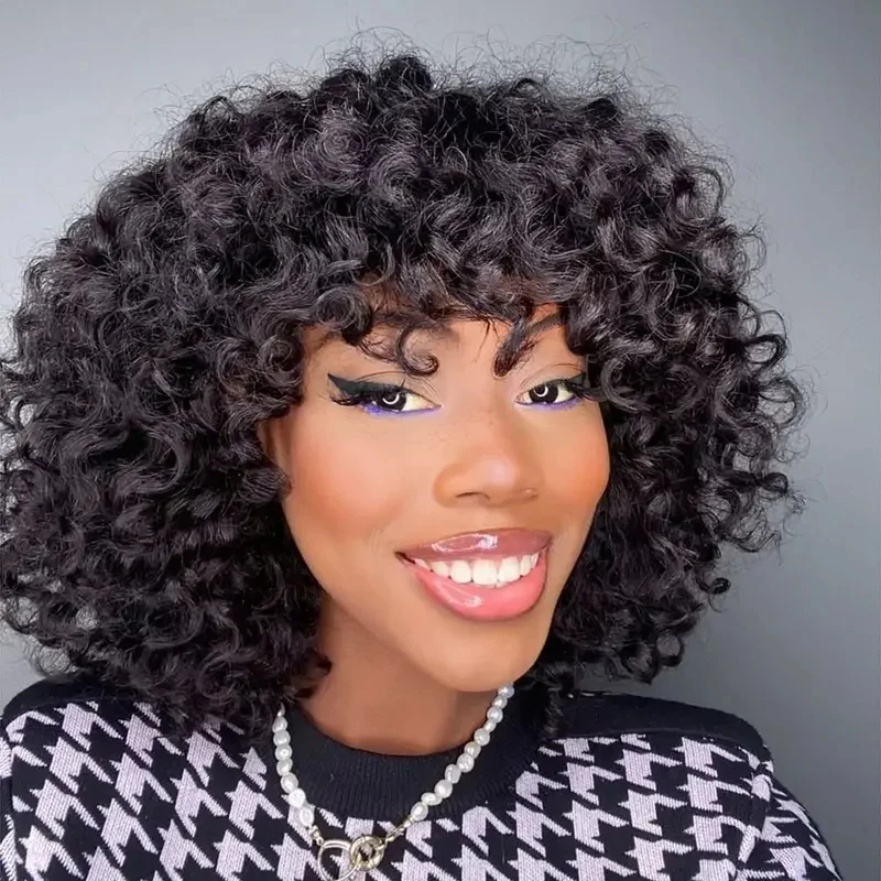 Парик из натуральных волос 2026 Rose Curly Short Bob с челкой, полностью машинной работы, 250% плотность, для чернокожих женщин, бразильские волосы Remy GZD5T