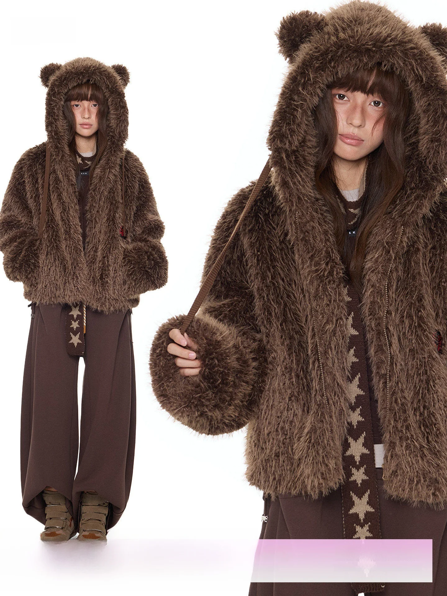 

EZEK Bear Ear Eco-Friendly Faux Fur Cotton Jaet Women's Autumn Winter Loose Casual Warm Top Streetwear Hip Hop Sle